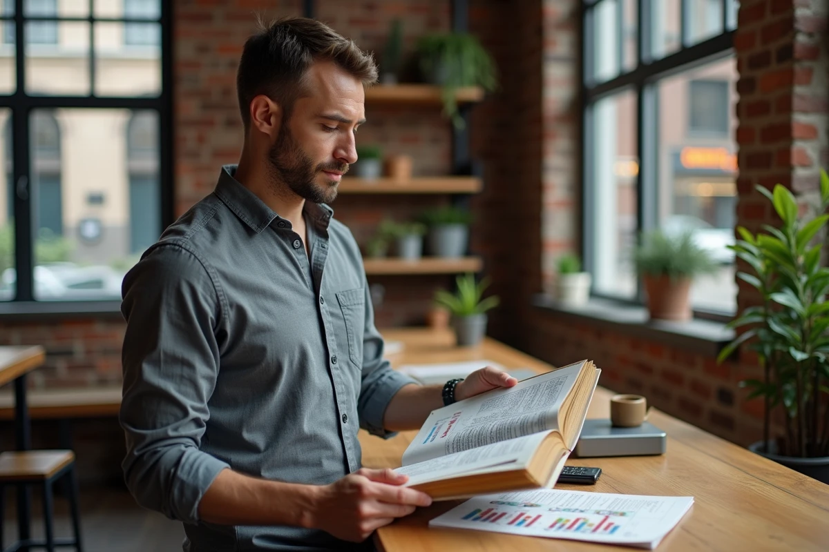 Homme comparant un annuaire papier classique et une plateforme numérique de marques dans un espace de coworking