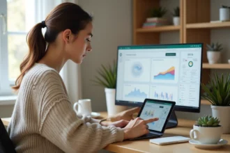 Jeune femme comparant des plateformes de vente en ligne sur laptop et tablette dans un bureau minimaliste