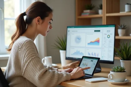 Jeune femme comparant des plateformes de vente en ligne sur laptop et tablette dans un bureau minimaliste