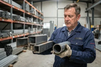 Ouvrier comparant un tube carré et un tube rond en acier dans un atelier industriel