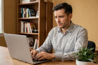 Homme consulant son compte bloqué sur Accès Convergence Grenoble depuis un ordinateur portable à son bureau à domicile