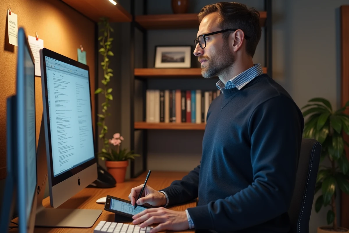 Homme configurant une intégration logicielle sur tablette et ordinateur dans un bureau personnel organisé