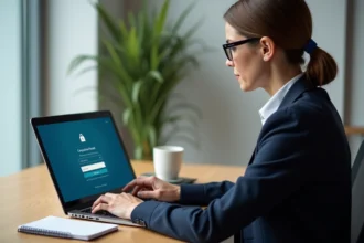 Conseillère professionnelle accédant à un espace conseillers en ligne sur un ordinateur portable dans un bureau moderne