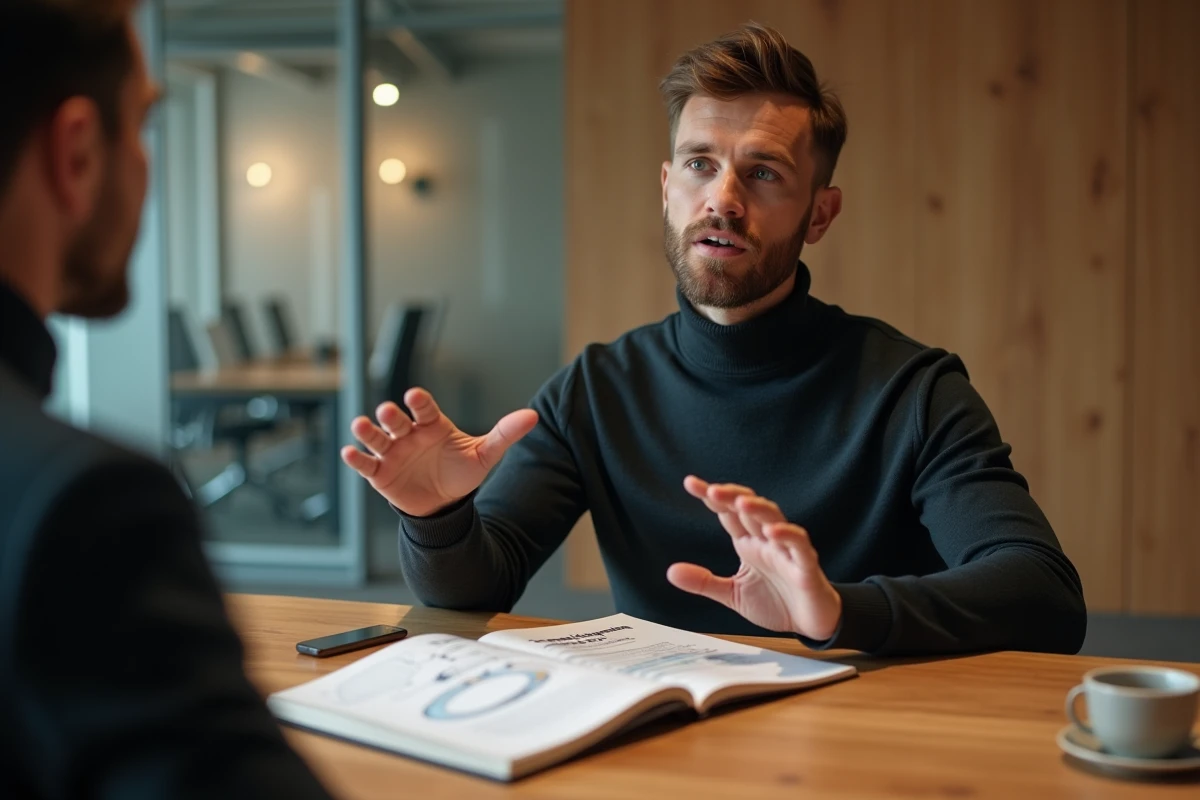 Consultant spécialisé en GEO et SEO IA discutant d'une stratégie personnalisée avec un client lors d'une réunion professionnelle