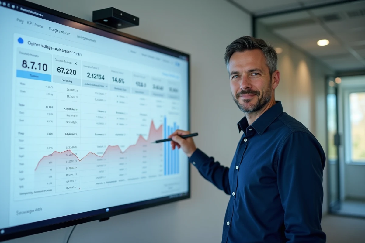 Consultant en publicité en ligne présentant des indicateurs clés de performance Google Ads sur un grand écran en salle de réunion