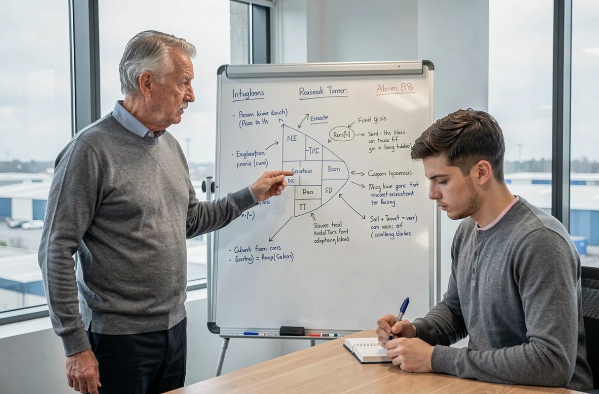 Consultant senior expliquant une stratégie industrielle à un jeune porteur de projet lors d'un accompagnement personnalisé