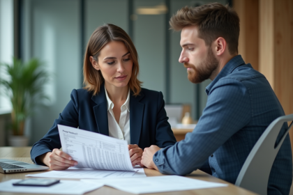 Consultante en paie expliquant un bulletin à un jeune homme