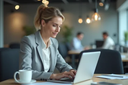 Femme professionnelle consultant sa facture AKEO Télécom sur un ordinateur portable au bureau partagé