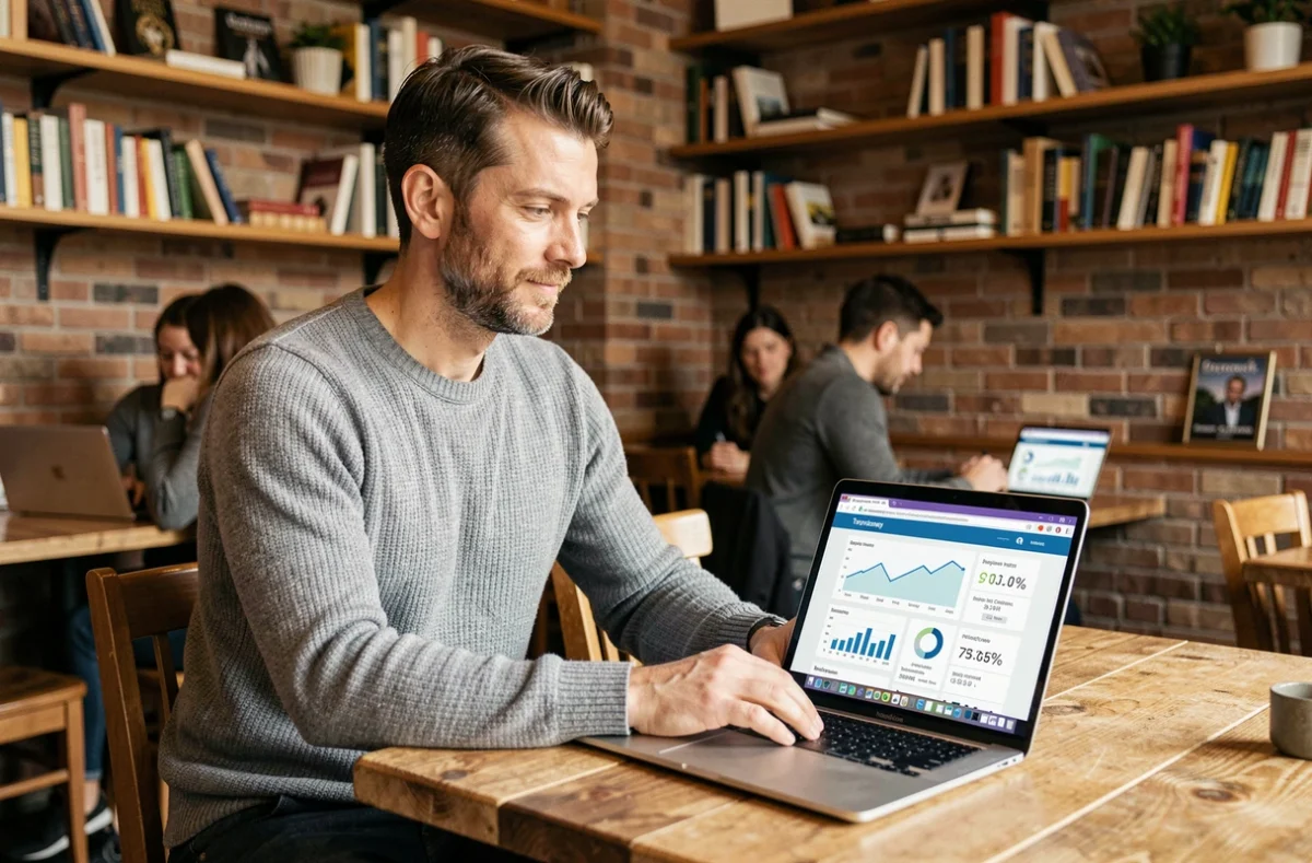Entrepreneur consultant les indicateurs économiques d'un territoire sur une plateforme en ligne depuis un café urbain