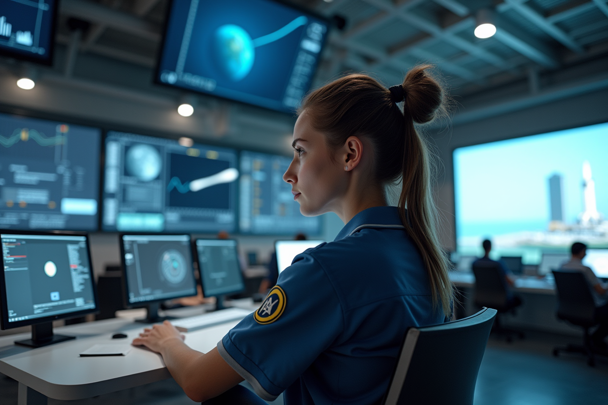 Opératrice de mission surveillant les écrans de contrôle spatial