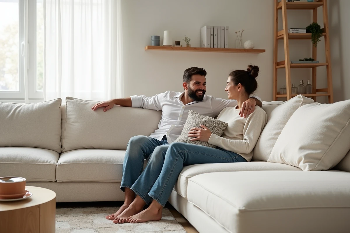 Couple assis sur un canapé d'angle en bouclé crème dans un salon scandinave lumineux, illustrant le confort et le style du canapé d'angle