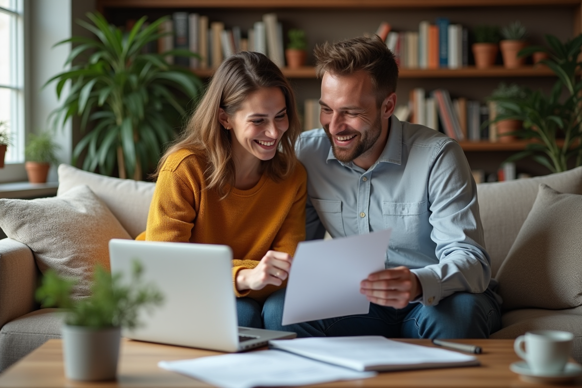 Jeune couple relaxe examine un contrat à la maison