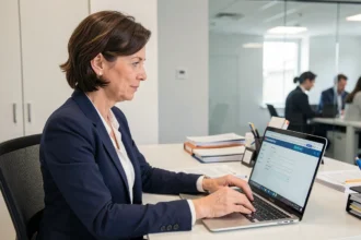 Courtière en assurance consultant l'extranet AXA sur son ordinateur portable dans un bureau professionnel moderne