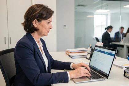 Courtière en assurance consultant l'extranet AXA sur son ordinateur portable dans un bureau professionnel moderne