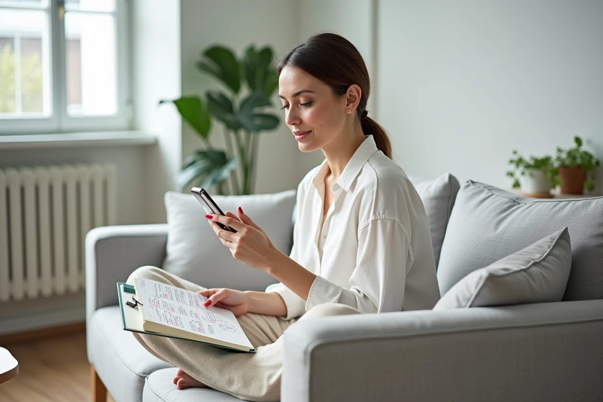 Créatrice de contenu prenant des notes sur les alternatives à sa plateforme de vente depuis son canapé