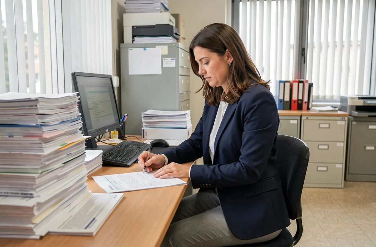 Femme remplissant un formulaire administratif dans un bureau d'imprimerie municipale à Flers-en-Escrebieux