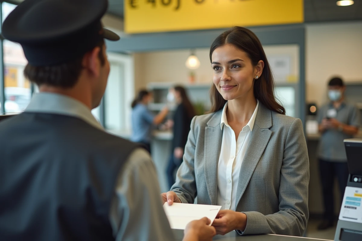 Femme déposant une lettre recommandée avec accusé de réception au guichet de La Poste