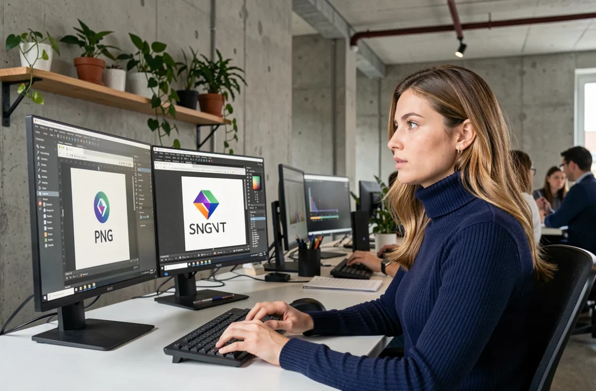 Développeuse web comparant les formats de logo PNG et SVG sur deux écrans dans un bureau moderne