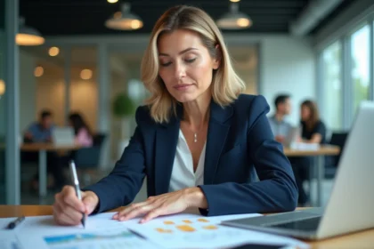 Dirigeante d'entreprise analysant des bilans et documents officiels d'une société sur son bureau en open space