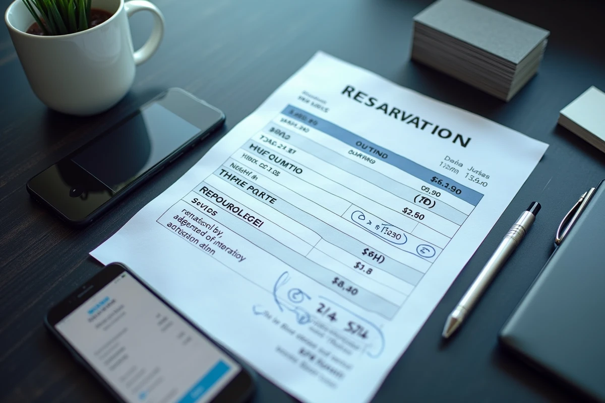 Gros plan sur un document de réservation annoté avec des suppléments de prix entourés au stylo sur un bureau professionnel