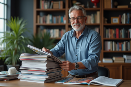 Éditeur homme avec pile de magazines iconiques