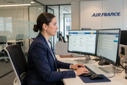 Employée Air France en uniforme consultant le portail intranet Intralignes sur son poste de travail en open space