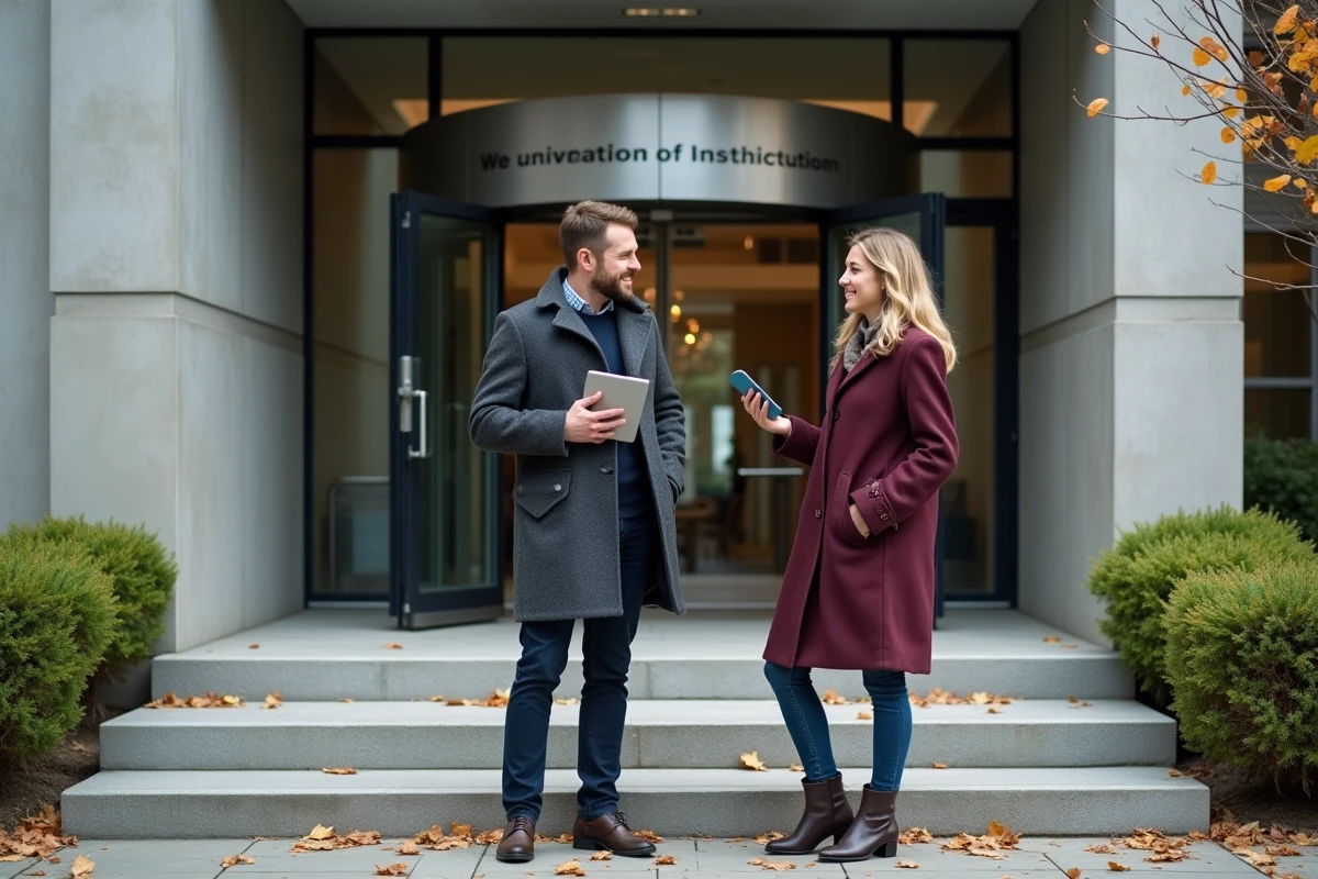 Deux professionnels en discussion devant l'entrée d'un établissement institutionnel moderne