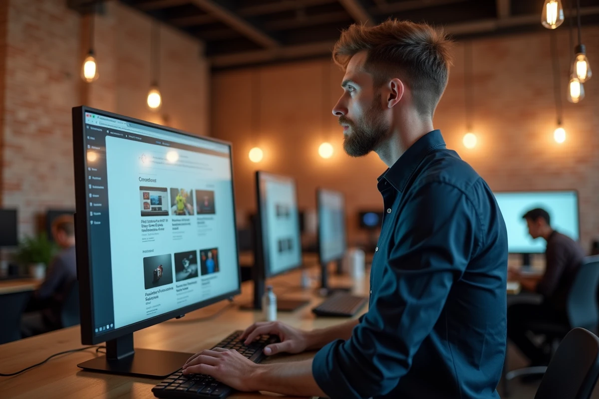 Entrepreneur masculin analysant des alternatives de plateformes créateurs sur grand écran dans un espace de coworking
