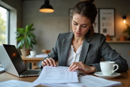 Femme entrepreneur examinant une facture de réservation avec des suppléments non prévus dans un espace de coworking moderne