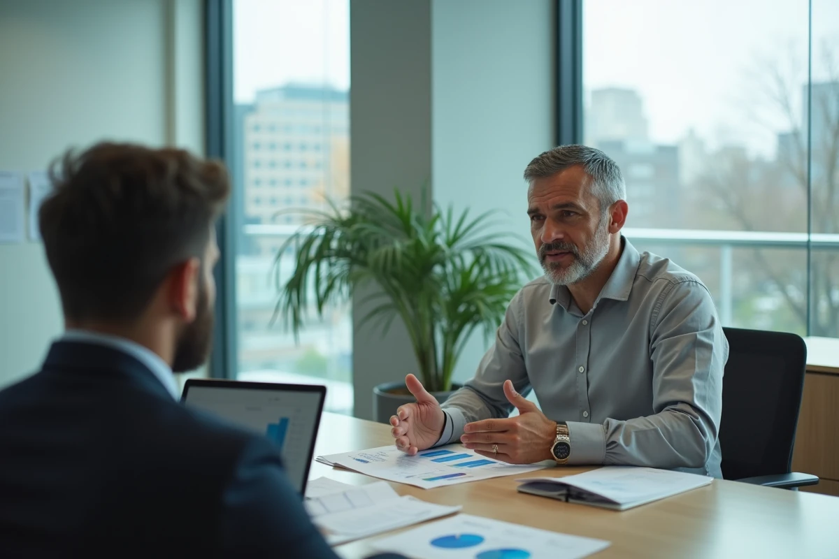 Entrepreneur en réunion avec un conseiller financier pour comparer dispositifs d'aides et plateformes privées comme elevetonbiz.fr