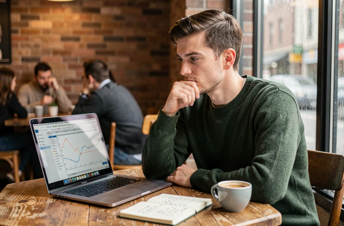 Jeune entrepreneur calculant son seuil de rentabilité pour une nouvelle offre B2B sur un ordinateur portable dans un café urbain