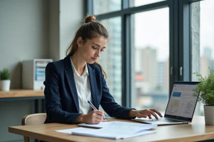 Entrepreneuse analysant des documents sur les aides publiques pour entrepreneurs en 2026 dans un espace de coworking moderne