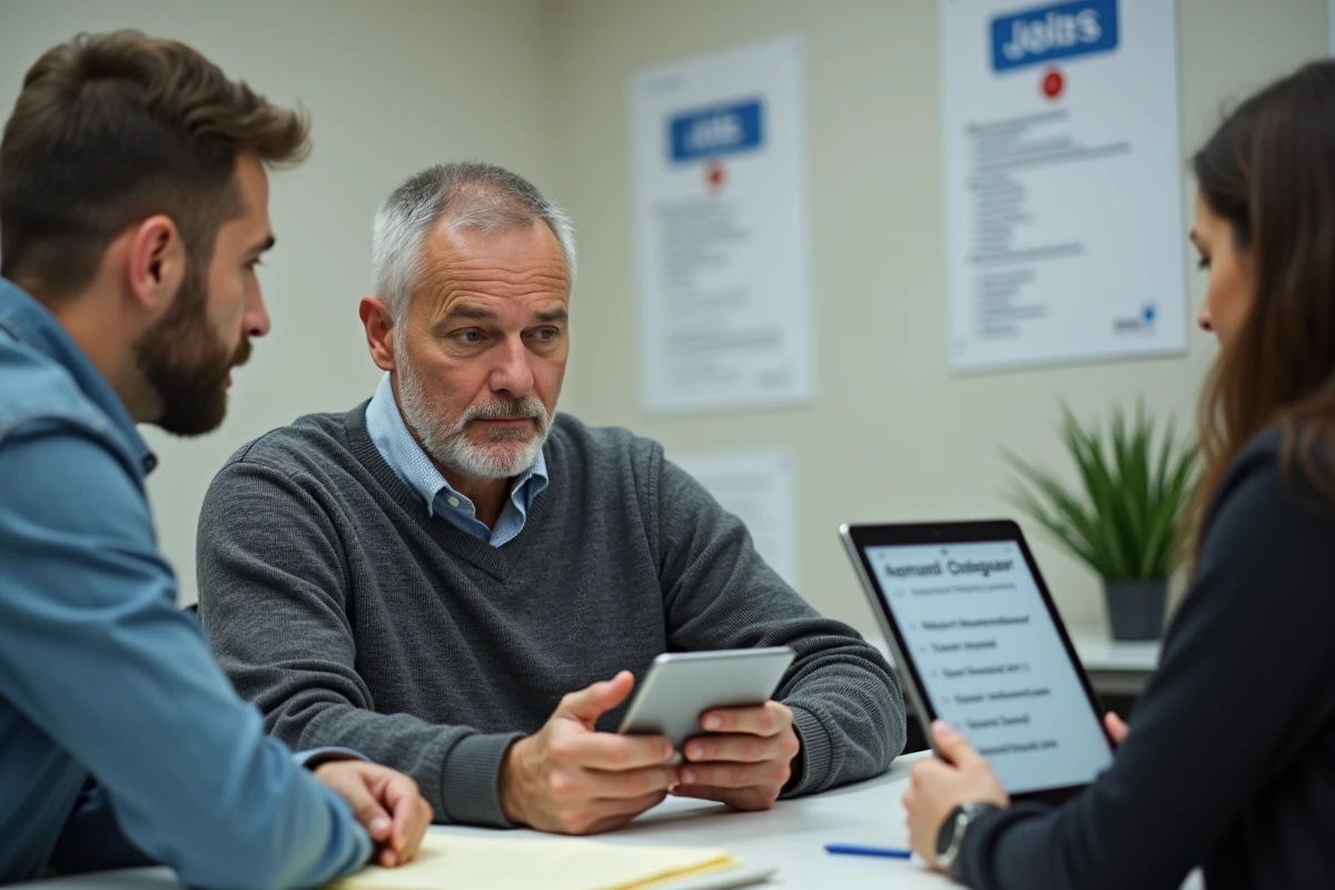 Homme en entretien de bilan de compétences avec un conseiller France Travail utilisant le référentiel ROME pour une reconversion de métier