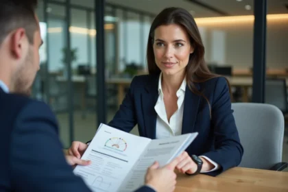 Candidate en entretien d'embauche examinant les résultats de son test PI avec un recruteur autour d'une table de réunion