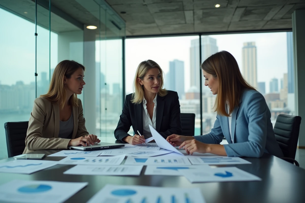 Équipe de professionnels discutant de l'analyse critique d'un projet ou d'une entreprise autour d'une table de conférence