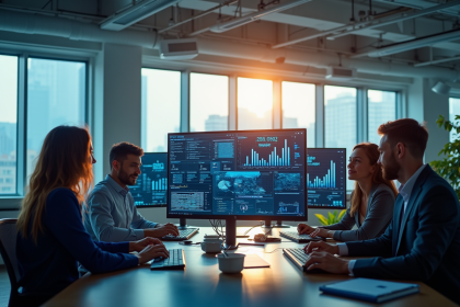 Groupe de professionnels collaborant dans un bureau moderne en 2025