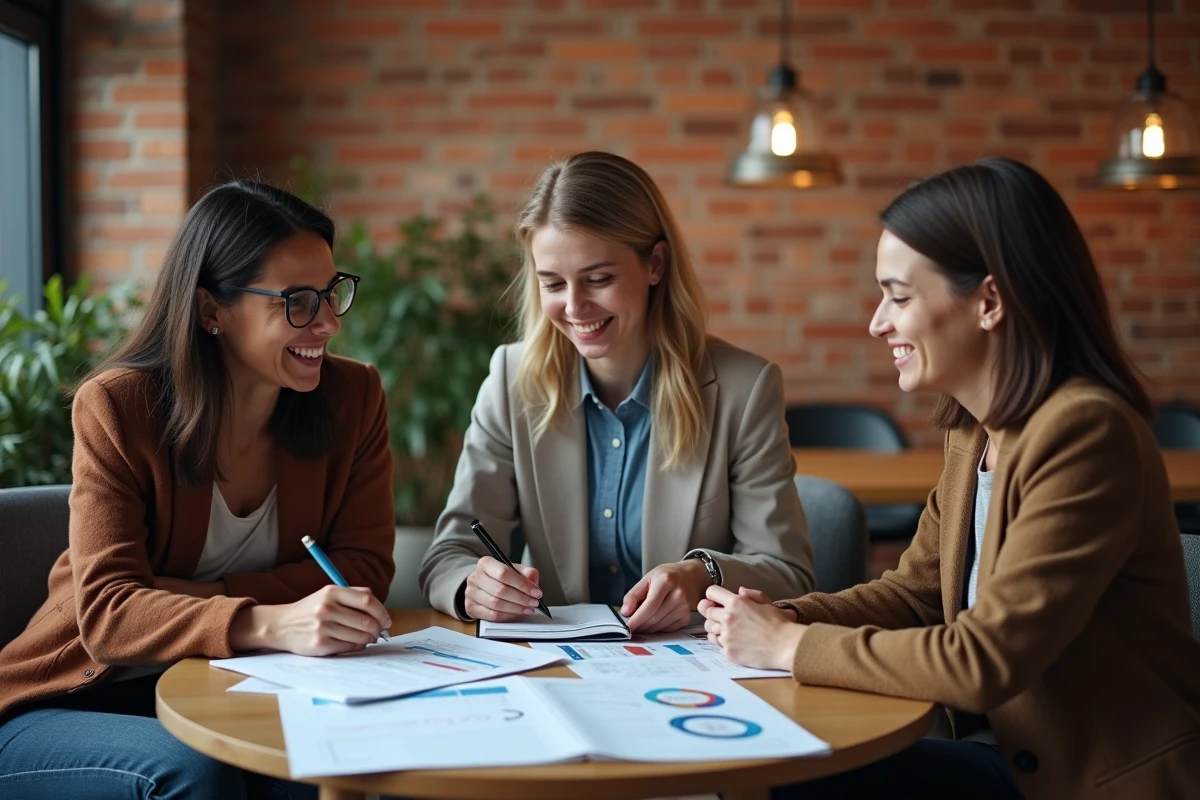 Équipe de professionnels discutant ensemble des profils comportementaux issus d'un test PI dans un espace de coworking