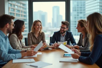 Groupe d'employes divers en réunion dans un bureau lumineux