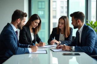 Groupe de professionnels signant des documents en réunion