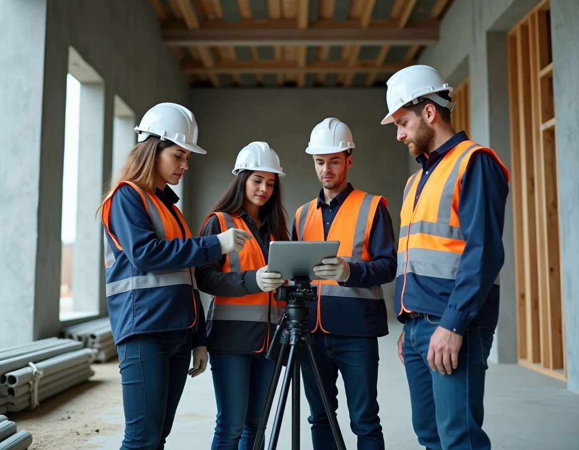 Équipe d'ingénieurs en construction discutant autour d'une tablette numérique à l'intérieur d'un bâtiment en béton en cours de construction