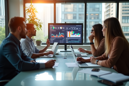 Groupe de professionnels analysant des données marketing