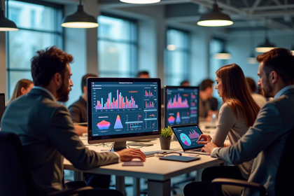 Équipe de professionnels collaborant autour d'ordinateurs et tablettes avec graphiques marketing