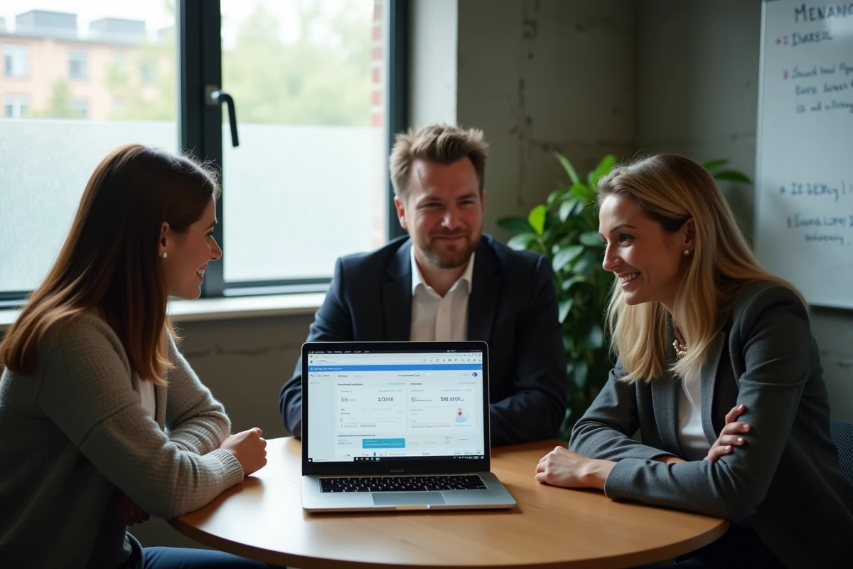 Équipe de petite entreprise collaborant autour d'un logiciel de gestion en ligne lors d'une réunion, illustrant la simplicité d'utilisation d'EXAGONLINE en équipe