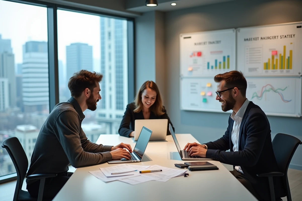 Équipe de professionnels collaborant autour d'une table dans un bureau de startup spécialisée en commerce connecté