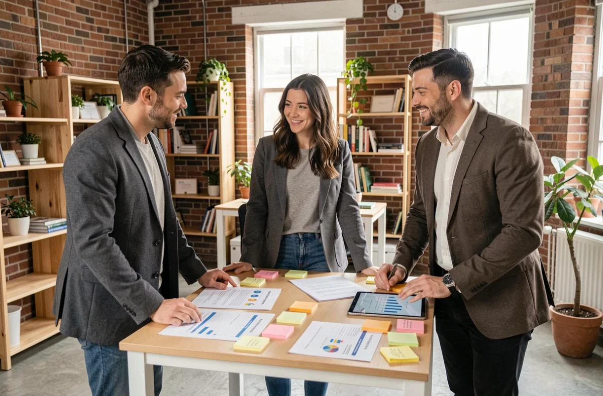 Équipe de jeunes entrepreneurs en phase de démarrage travaillant ensemble dans un incubateur industriel avec accompagnement structuré