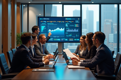 Groupe de professionnels en réunion dans un bureau moderne