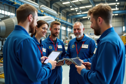 Ingénieurs en hangar spatial discutant autour d'une fusée