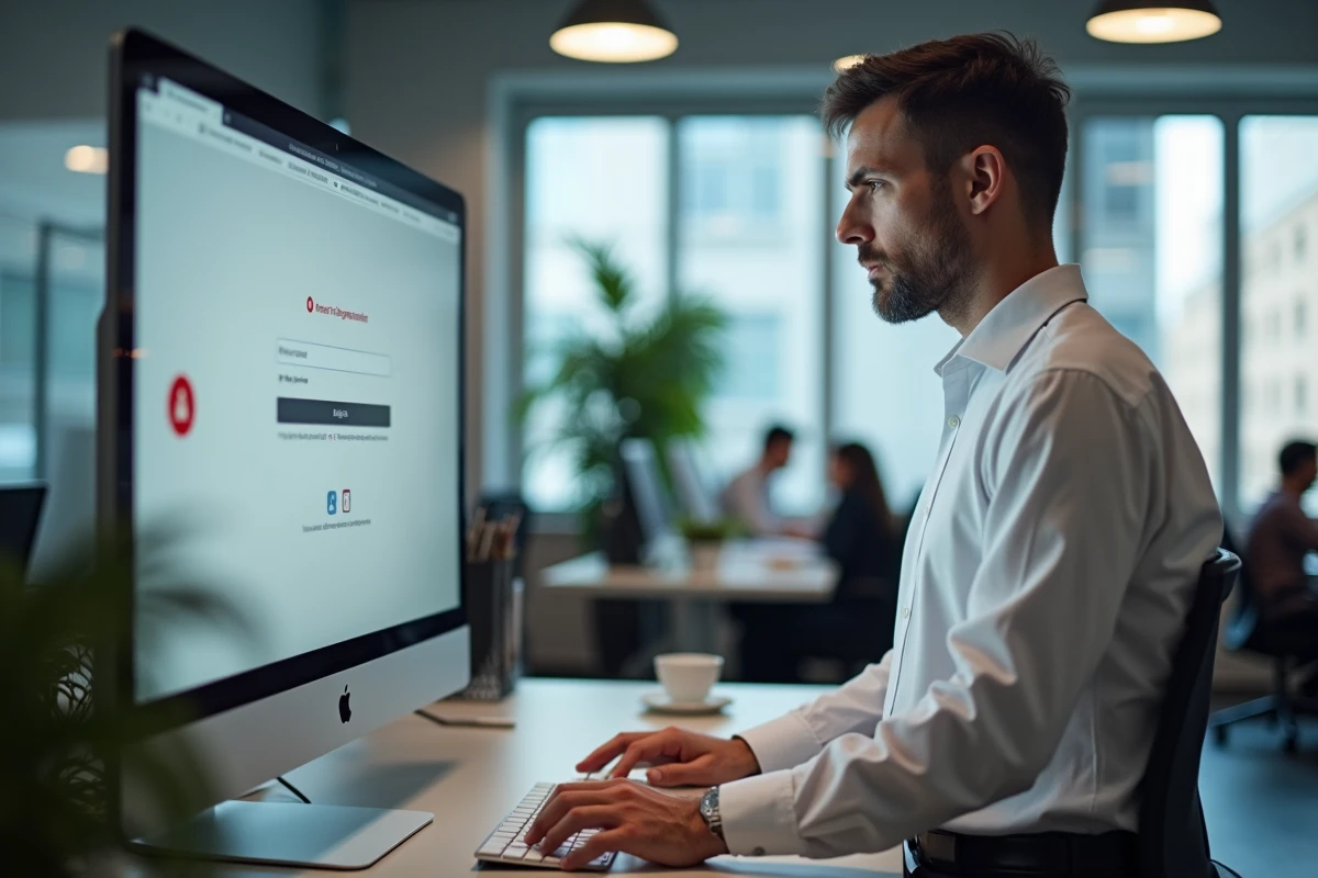 Conseiller résolvant une erreur de connexion sur le portail AKEO depuis un poste de travail en open space