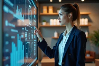 Étudiante en retail tech interagissant avec un écran tactile dans un laboratoire d'innovation commerciale moderne