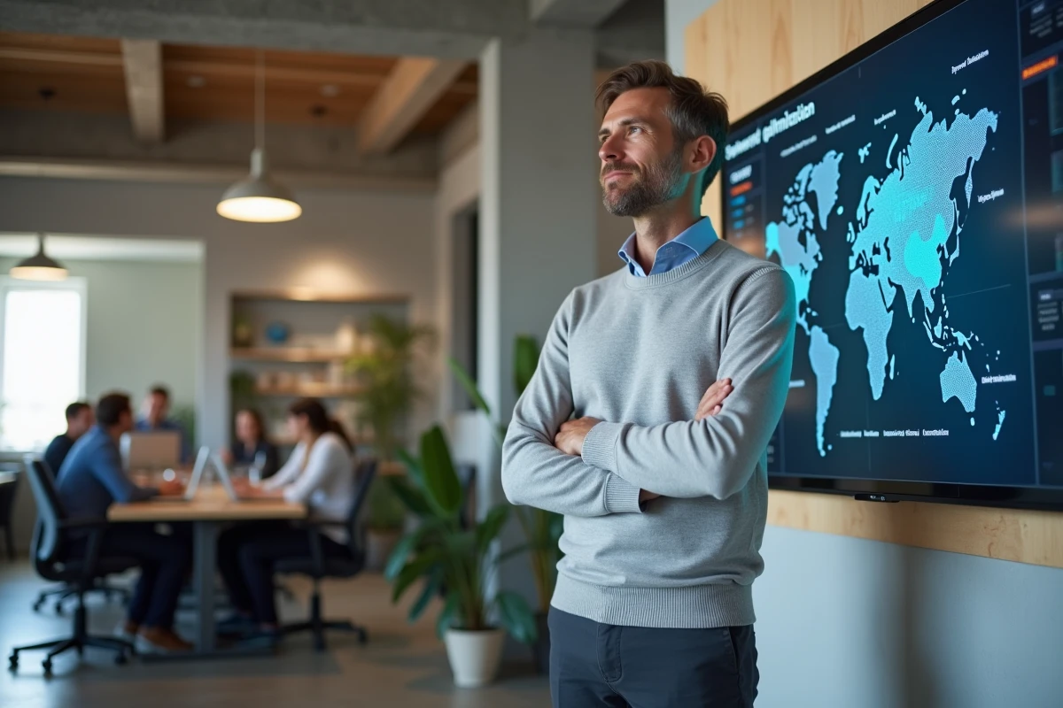 Expert en optimisation GEO et référencement naturel présentant une stratégie IA sur grand écran dans un espace de coworking